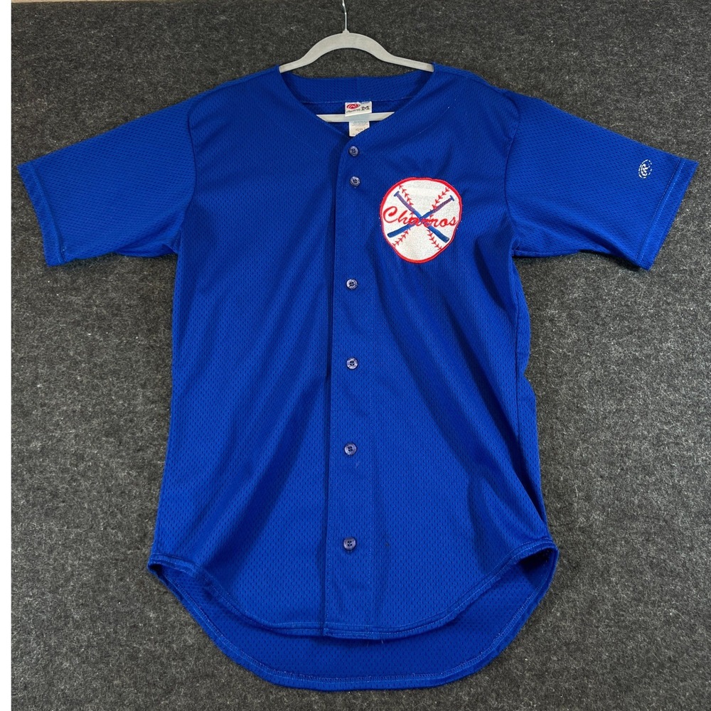 VTG 80s Rawlings Charros #1 Baseball Jersey Blue Mesh Button Front Mens Medium
